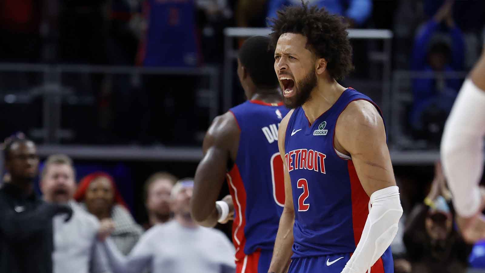 Detroit Pistons guard Cade Cunningham (2) celebrates in overtime against the Washington Wizards at Little Caesars Arena.