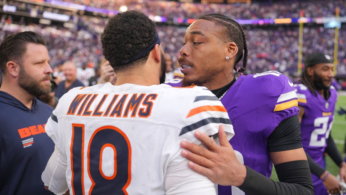 Chicago Bears quarterback Caleb Williams and Minnesota Vikings receiver Justin Jefferson after their Week 11 game.