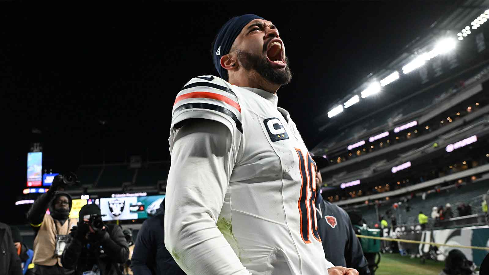 Chicago Bears quarterback Caleb Williams (18) celebrates after the game against the Philadelphia Eagles at Lincoln Financial Field. 