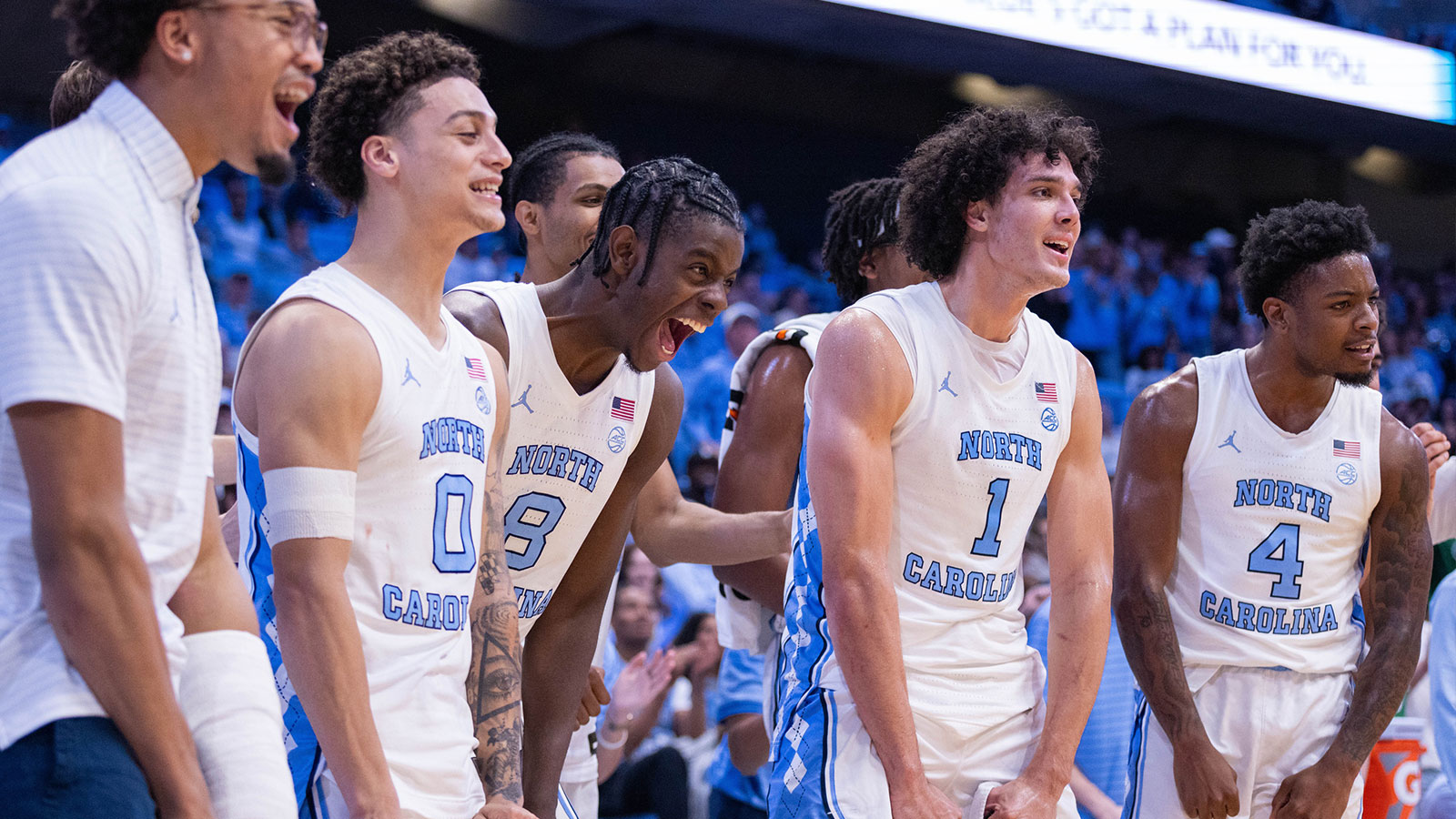 North Carolina Tar Heels forward Caleb Wilson (8) and the Carolina bench celebrate in the second half against the North Carolina Central Eagles at Dean E. Smith Center.