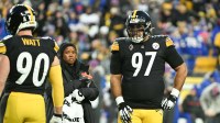 Pittsburgh Steelers defensive tackle Cameron Heyward (97) looks on during the first quarter against the Buffalo Bills at Acrisure Stadium. Mandatory Credit: Barry Reeger-Imagn Images