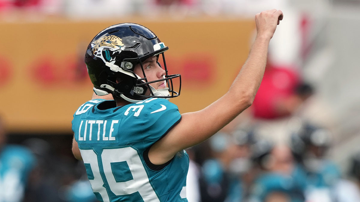 Jacksonville Jaguars kicker Cam Little (39) follows through after kicking an extra point against the San Francisco 49ers during the second quarter at Levi's Stadium.