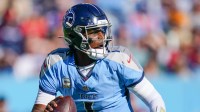 Tennessee Titans quarterback Cam Ward (1) looks for a receiver during the second quarter against the Houston Texans at Nissan Stadium.