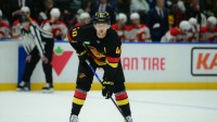 ancouver Canucks center Elias Pettersson (40) awaits start of play during the third period against the Calgary Flames at Rogers Arena.