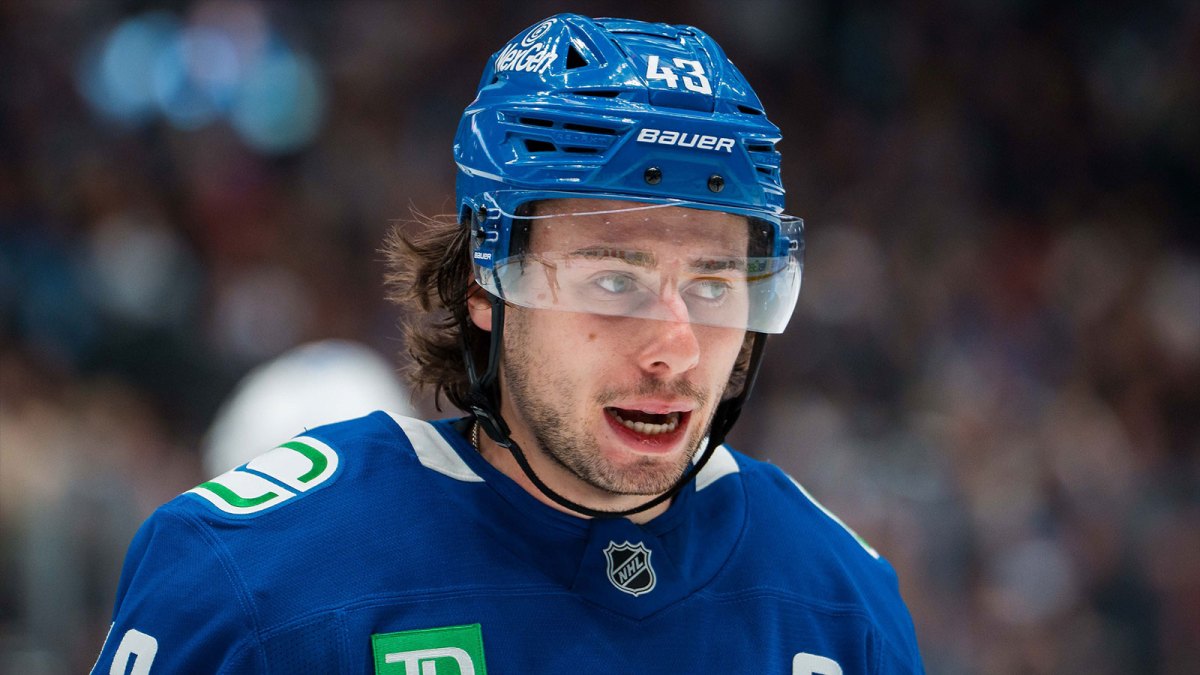 Vancouver Canucks defenseman Quinn Hughes (43) during a stop in play against the Winnipeg Jets in the second period at Rogers Arena.