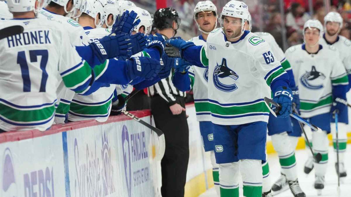 Vancouver Canucks center Max Sasson (63) celebrates his goal against the Carolina Hurricanes during the first period at Lenovo Center