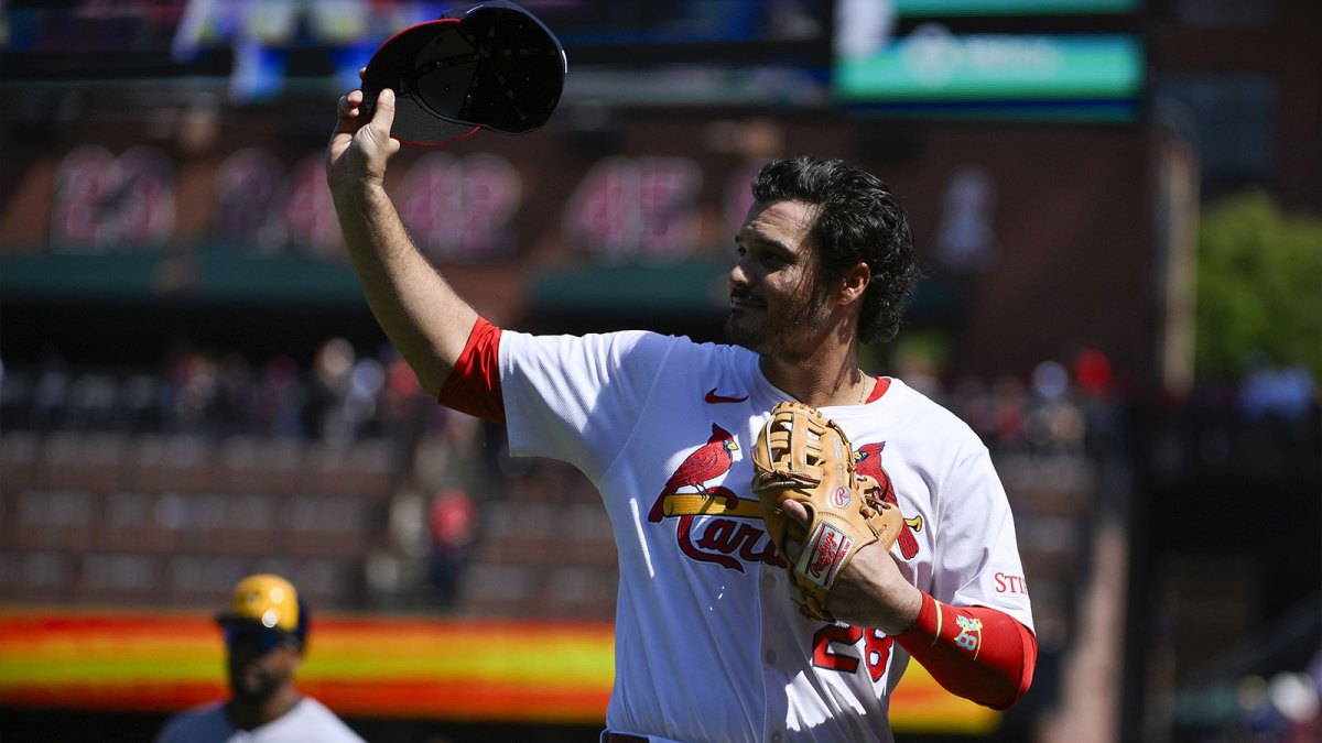 St. Louis Cardinals third baseman Nolan Arenado (28) salutes the fans after he was ceremonially removed before the start of the first inning against the Milwaukee Brewers at Busch Stadium.