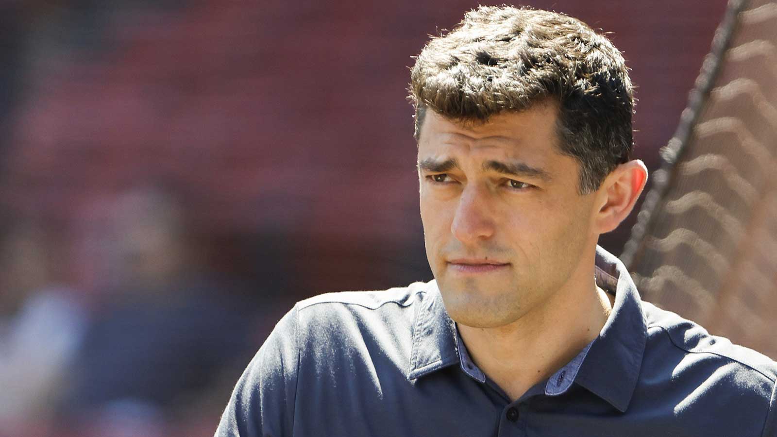 Chaim Bloom, Chief Baseball Officer of the Boston Red Sox on the field before the game between the Boston Red Sox and the Tampa Bay Rays at Fenway Park.