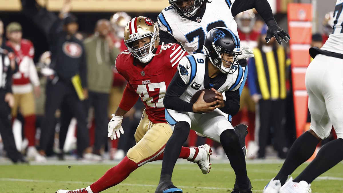 San Francisco 49ers defensive end Bryce Huff (47) puts pressure on Carolina Panthers quarterback Bryce Young (9) during the first half at Levi's Stadium.