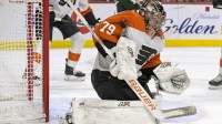 Philadelphia Flyers goalie Carter Hart (79) makes a save against the Minnesota Wild during the second period at Xcel Energy Center.