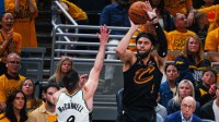 Cleveland Cavaliers guard Max Strus (1) shoots the ball while Indiana Pacers guard T.J. McConnell (9) defends during game three of the second round for the 2025 NBA Playoffs at Gainbridge Fieldhouse.