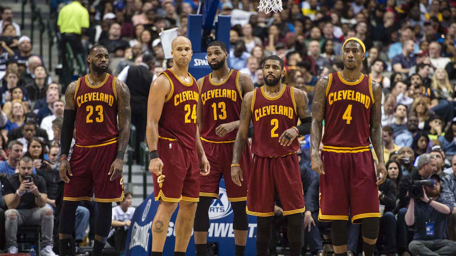 Cavaliers forward LeBron James (23) and forward Richard Jefferson (24) and center Tristan Thompson (13) and guard Kyrie Irving (2) and guard Iman Shumpert (4) wait for play to begin against the Dallas Mavericks during the second half at the American Airlines Center. The Mavericks defeat the Cavaliers 104-97