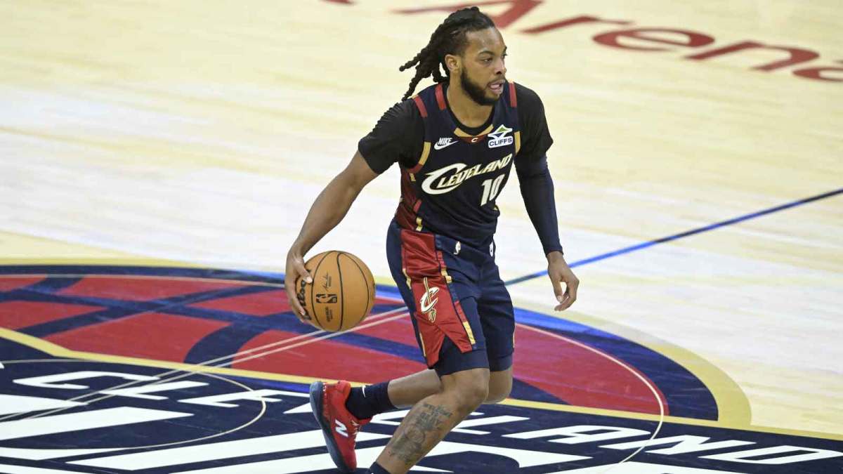Cleveland Cavaliers guard Darius Garland (10) brings the ball up court in the fourth quarter against the Philadelphia 76ers at Rocket Arena.