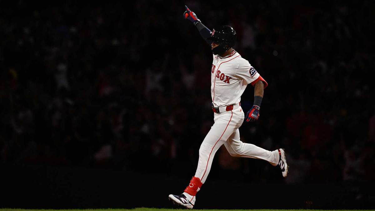 Boston Red Sox center fielder Ceddanne Rafaela (3) reacts to his two run home run against the Cleveland Guardians during the sixth inning at Fenway Park.