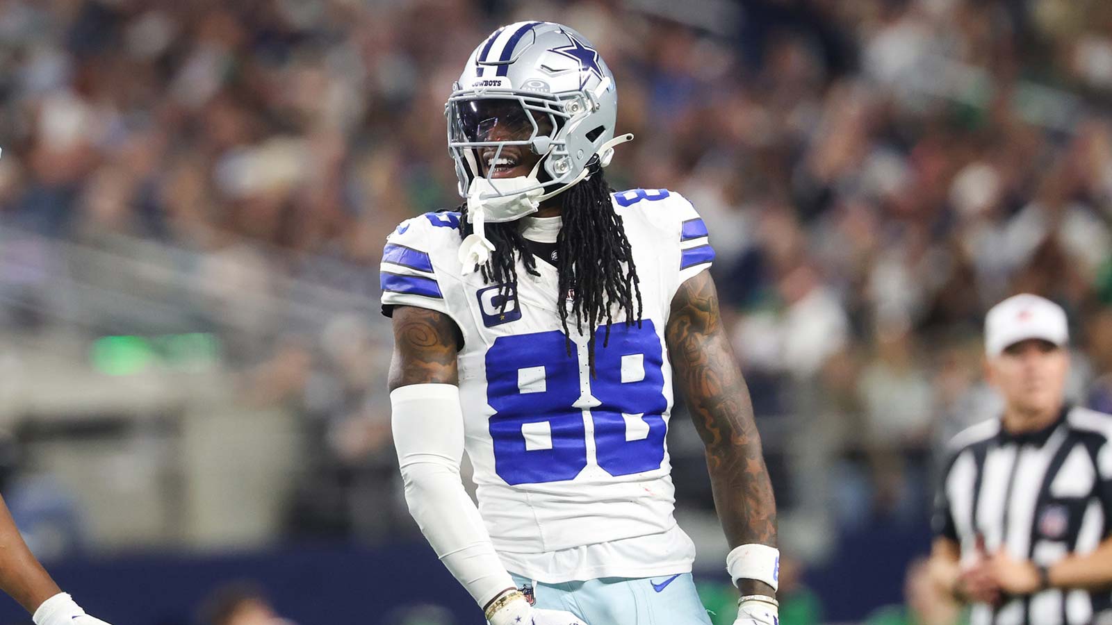 Dallas Cowboys wide receiver CeeDee Lamb (88) reacts after a catch in the third quarter against Philadelphia Eagles at AT&T Stadium. 