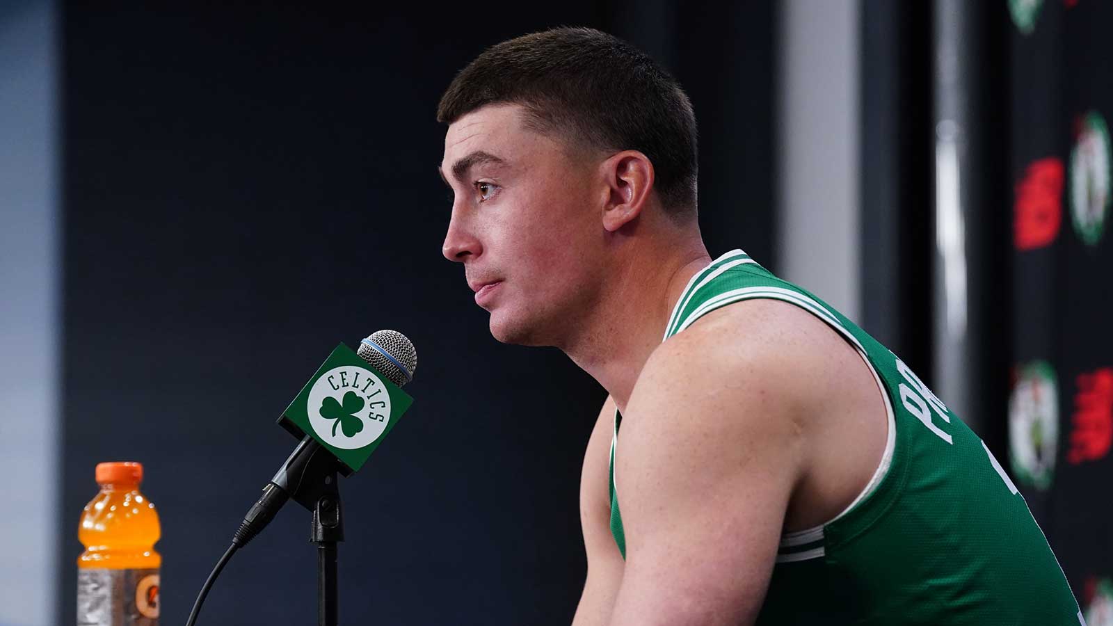 Boston Celtics guard Payton Pritchard (11) talks with reporters during media day at the Auerbach Center.