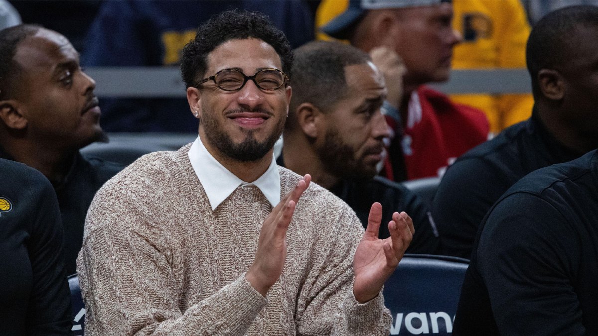 Indiana Pacers guard Tyrese Haliburton (0) looks on in the first half against the Charlotte Hornets at Gainbridge Fieldhouse.