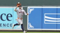 Houston Astros center fielder Chas McCormick (20) catches a fly ball hit by Baltimore Orioles second baseman Luis Vazquez (52) (not pictured) during the fifth inning at Oriole Park at Camden Yards.