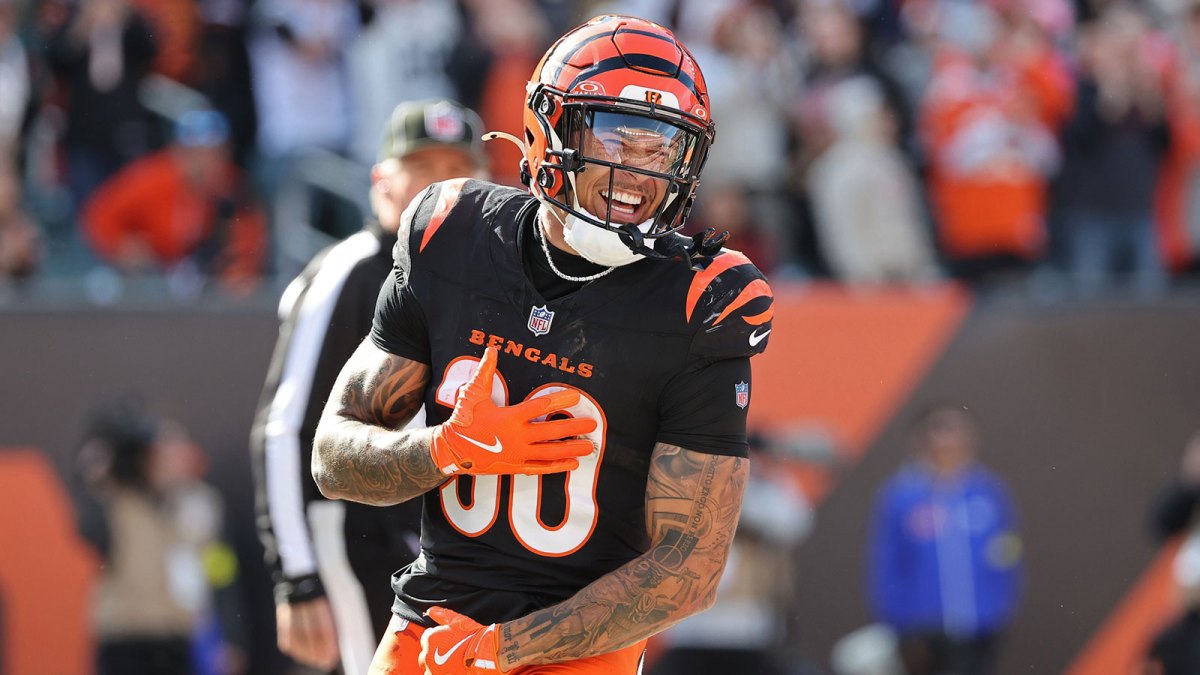 Cincinnati Bengals running back Chase Brown (30) celebrates scoring a touchdown during the second quarter against the New York Jets at Paycor Stadium.