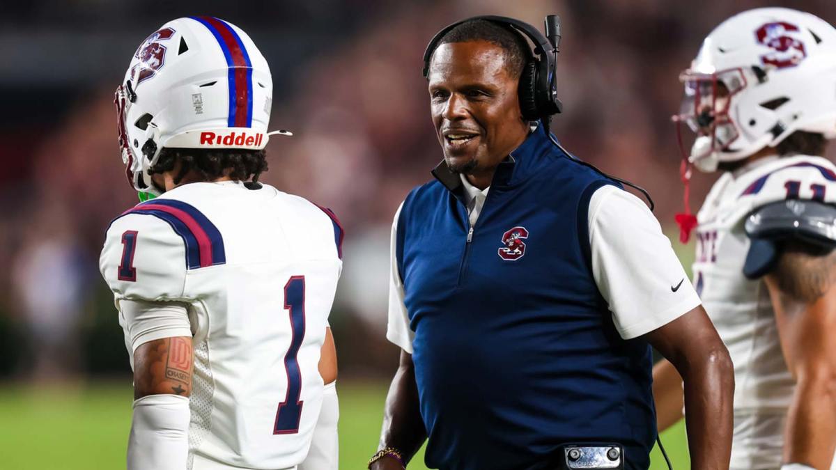 Sep 6, 2025; Columbia, South Carolina, USA; South Carolina State Bulldogs head coach Chennis Berry directs his team against the South Carolina Gamecocks in the first quarter at Williams-Brice Stadium
