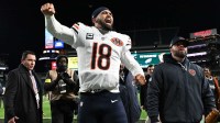 Nov 28, 2025; Philadelphia, Pennsylvania, USA; Chicago Bears quarterback Caleb Williams (18) celebrates after the game against the Philadelphia Eagles at Lincoln Financial Field. Mandatory Credit: Eric Hartline-Imagn Images