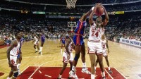 May 1989; Chicago,IL, USA: FILE PHOTO; Chicago Bulls center Bill Cartwright (24) grabs a rebound in front of Detroit Pistons forward John Salley (22) during the 1988-89 NBA Eastern Conference Finals at Chicago Stadium. The Pistons defeated the Bulls 4 games to 2. Mandatory Credit: MPS-Imagn Images