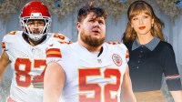Kansas City Chiefs center Creed Humphrey in the middle of Travis Kelce and Taylor Swift.