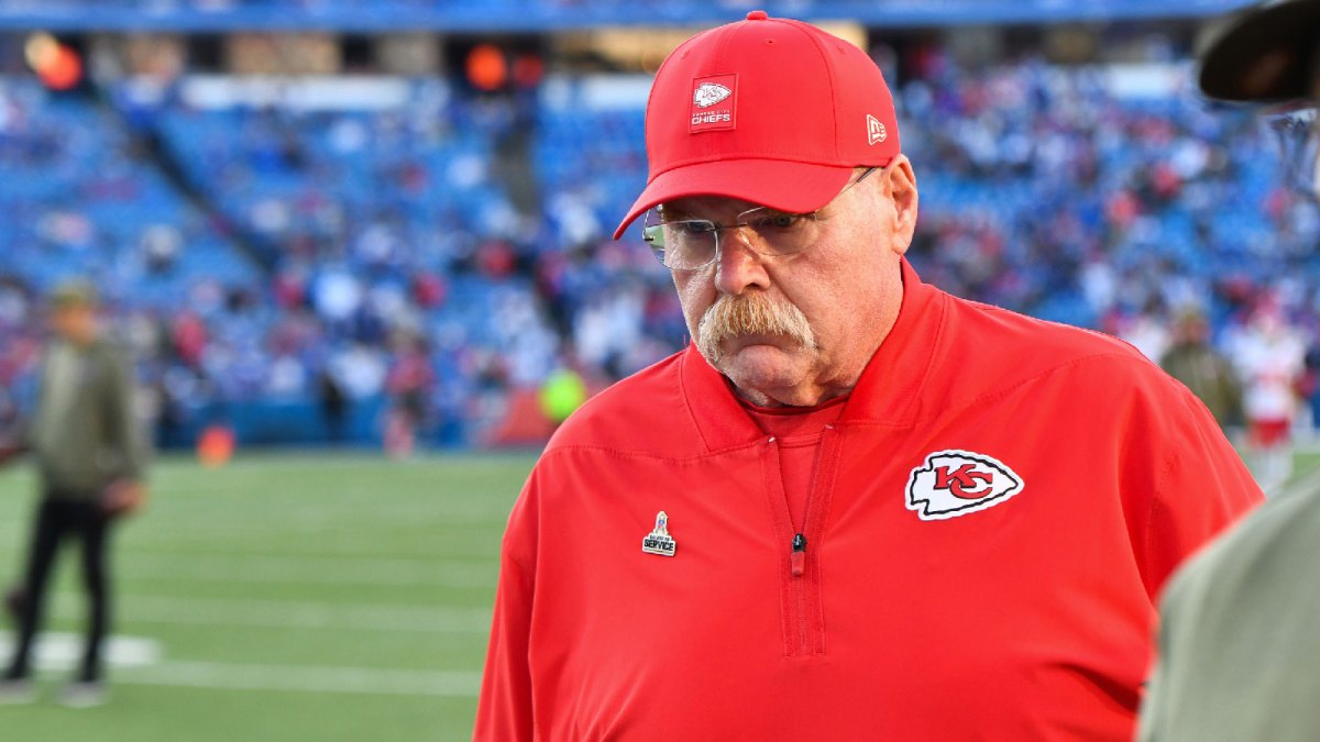 Kansas City Chiefs head coach Andy Reid walks the sideline before the game against the Buffalo Bills at Highmark Stadium