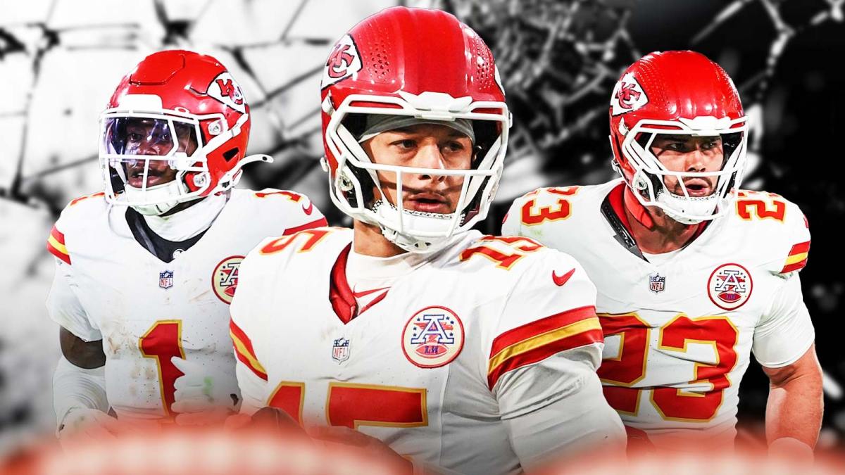 Patrick Mahomes, Drue Tranquill, Xavier Worthy beside each other, Broken glass in the background