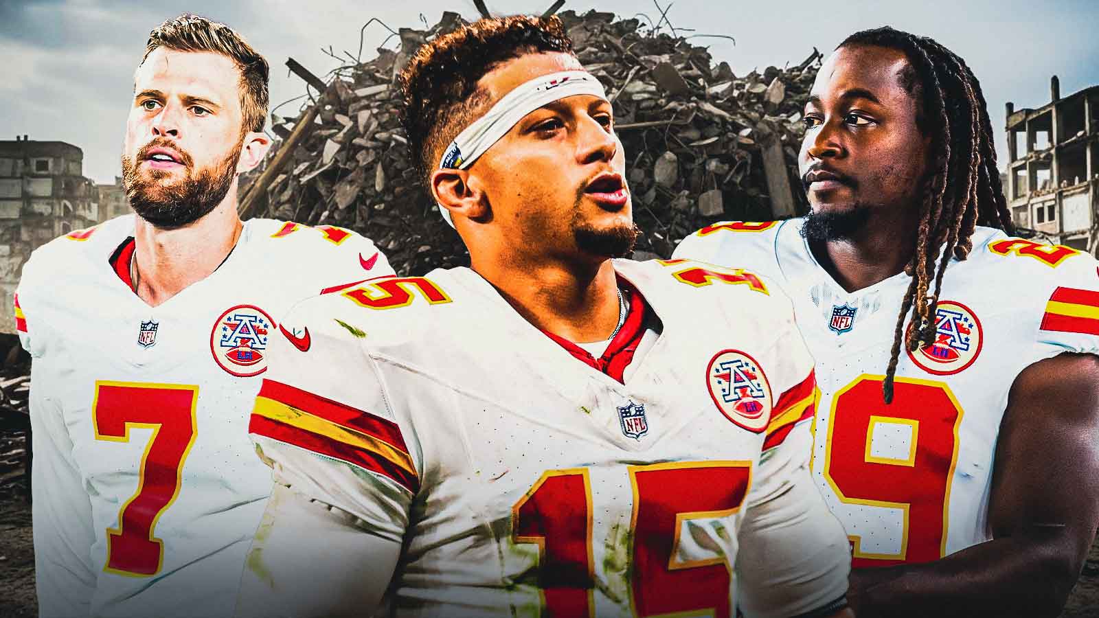 Patrick Mahomes, Kareem Hunt, Harrison Butker, Pile of rubble in the background