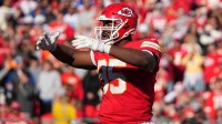 Kansas City Chiefs defensive tackle Chris Jones (95) reacts in the second quarter against the Indianapolis Colts at GEHA Field at Arrowhead Stadium.