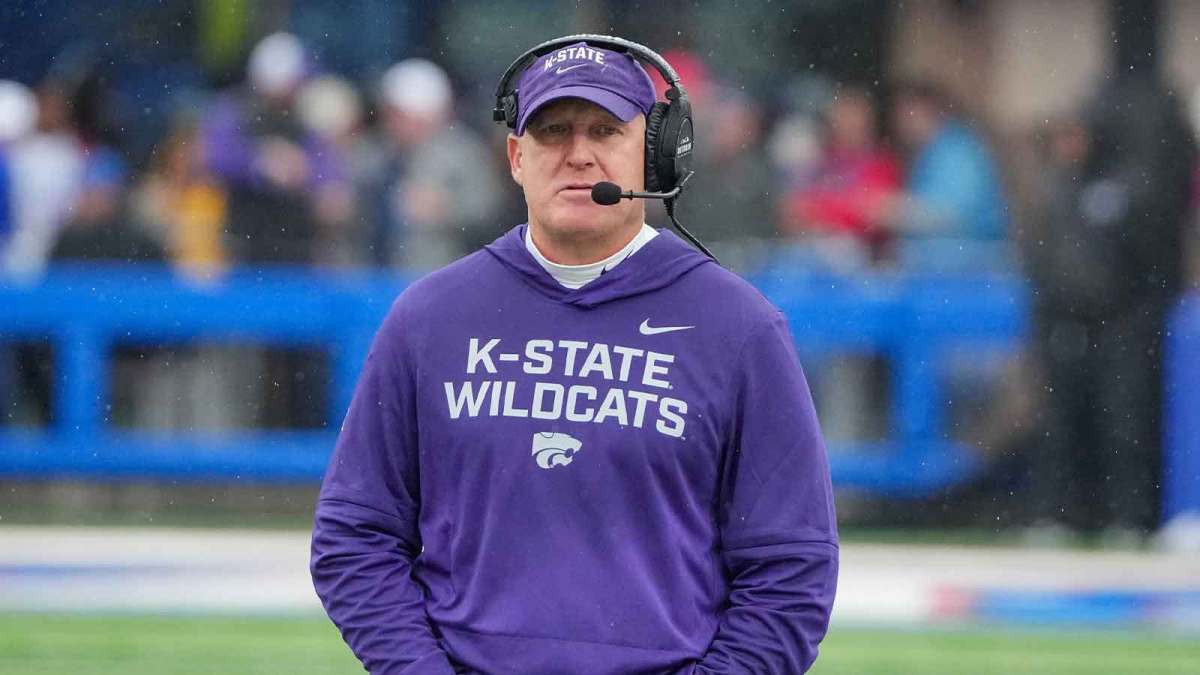 Kansas State Wildcats head coach Chris Klieman on the sidelines against the Kansas Jayhawks during the first half of the game at David Booth Kansas Memorial Stadium.