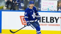 Toronto Maple Leafs defenseman Chris Tanev (8) skates during the warmup before a game against the Seattle Kraken at Scotiabank Arena.