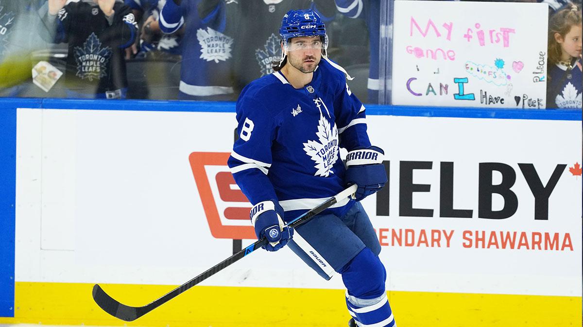 Toronto Maple Leafs defenseman Chris Tanev (8) skates during the warmup before a game against the Seattle Kraken at Scotiabank Arena.