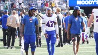 Buffalo Bills cornerback Christian Benford (47) after the game against the New York Jets at MetLife Stadium.