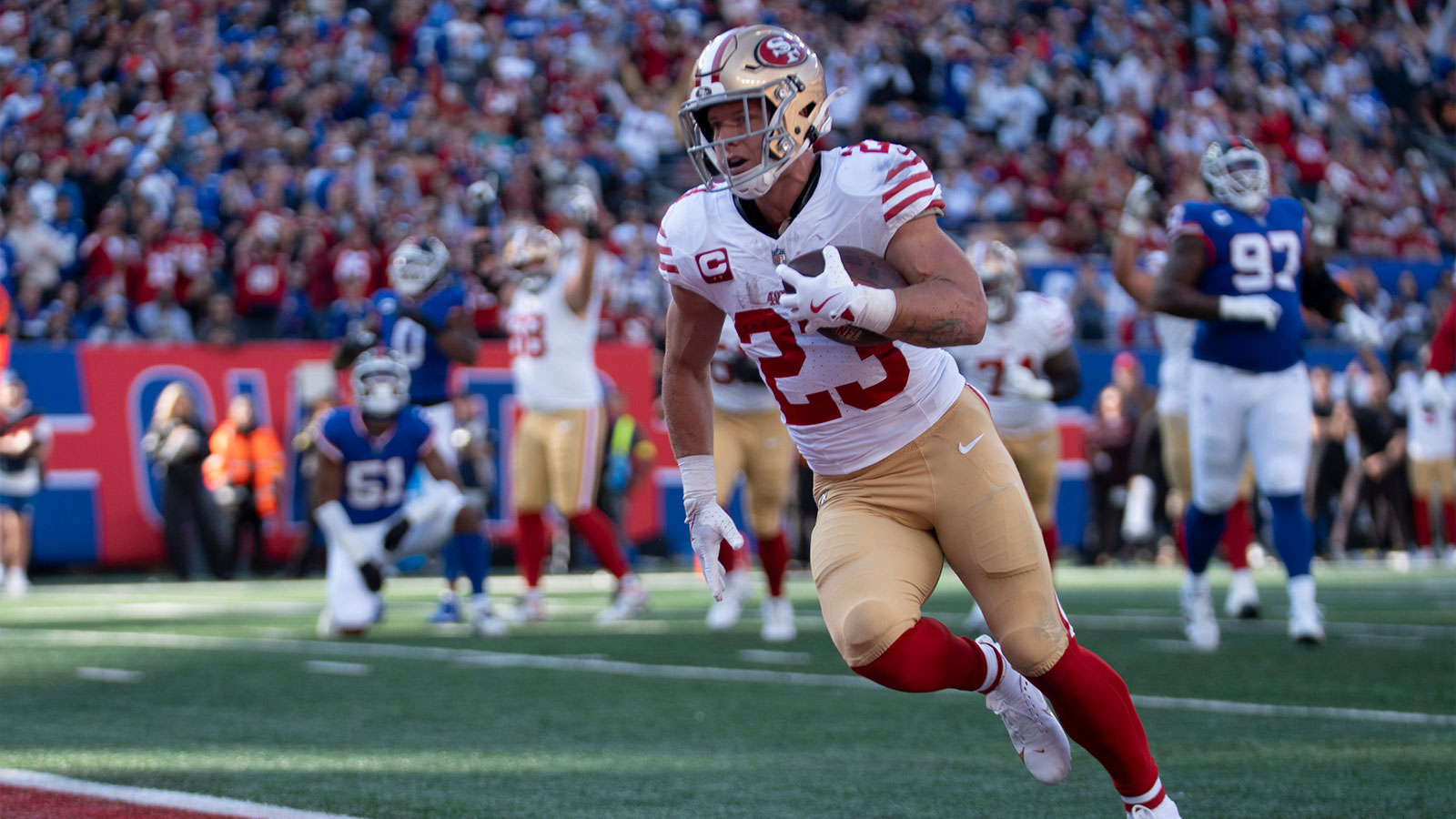 San Francisco 49ers running back Christian McCaffrey (23) scores a touchdown during a week 9 game between New York Giants and San Francisco 49er