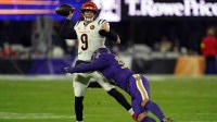Cincinnati Bengals quarterback Joe Burrow (9) throws pass against Baltimore Ravens linebacker Kyle Van Noy (53) during the second half at M&T Bank Stadium.