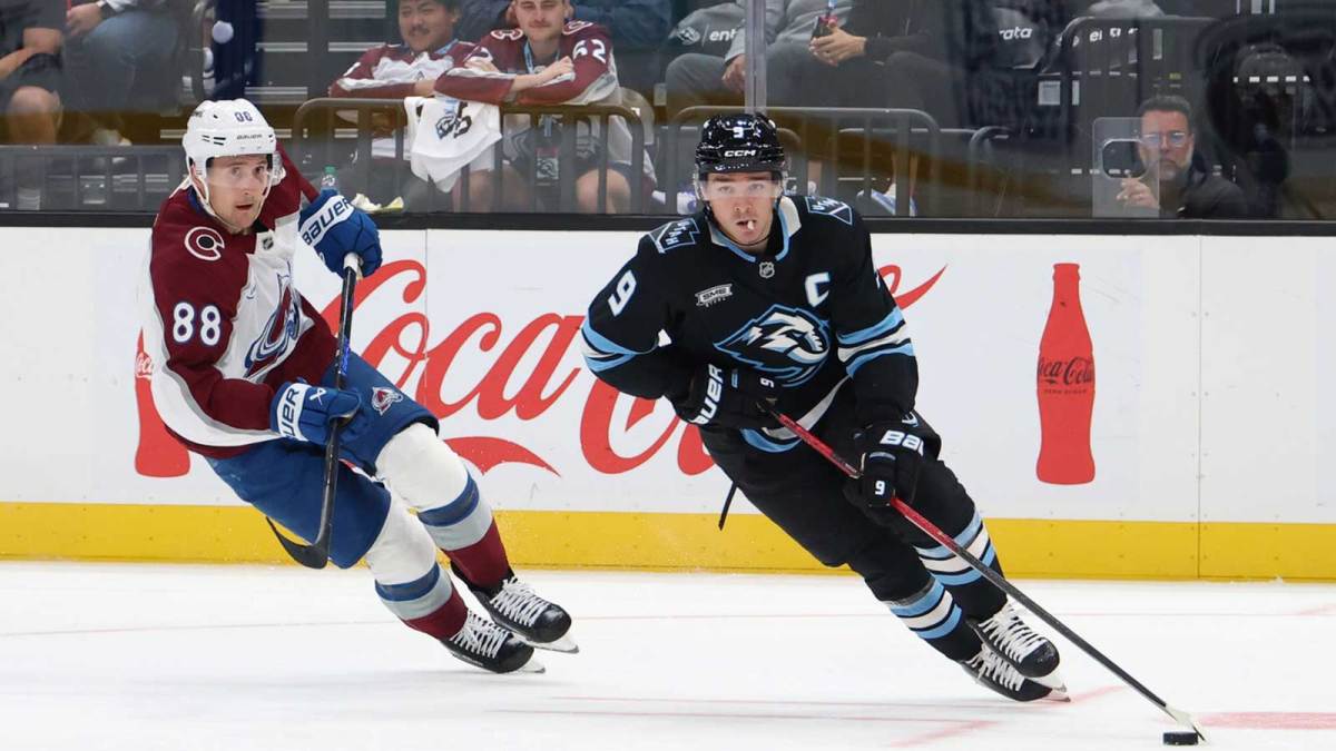 Utah Mammoth right wing Clayton Keller (9) skates against Colorado Avalanche center Martin Necas (88) during overtime at Delta Center.