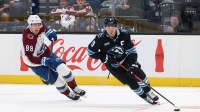 Utah Mammoth right wing Clayton Keller (9) skates against Colorado Avalanche center Martin Necas (88) during overtime at Delta Center.