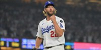 USA; Los Angeles Dodgers pitcher Clayton Kershaw (22) reacts in the twelfth inning against the Toronto Blue Jays during game three of the 2025 MLB World Series at Dodger Stadium.