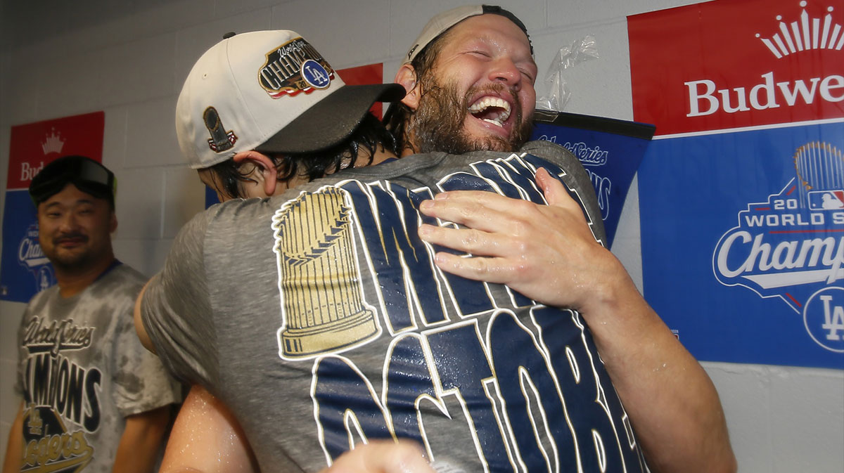 Los Angeles Dodgers pitcher Clayton Kershaw (22) and two-way player Shohei Ohtani (17) celebrate after defeating the Toronto Blue Jays in the 2025 MLB World Series at Rogers Centre.