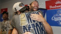 Los Angeles Dodgers pitcher Clayton Kershaw (22) and two-way player Shohei Ohtani (17) celebrate after defeating the Toronto Blue Jays in the 2025 MLB World Series at Rogers Centre.