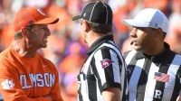 Clemson Tigers head coach Dabo Swinney talks to officials Saturday, Nov. 1, 2025, during the NCAA football game against the Duke Blue Devils at Memorial Stadium in Clemson, South Carolina.