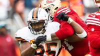Cleveland Browns defensive end Myles Garrett (95) is blocked by San Francisco 49ers offensive tackle Trent Williams (71) during the third quarter at Cleveland Browns Stadium.