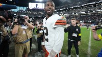 Cleveland Browns quarterback Shedeur Sanders (12) reacts after the game against the Las Vegas Raiders at Allegiant Stadium.