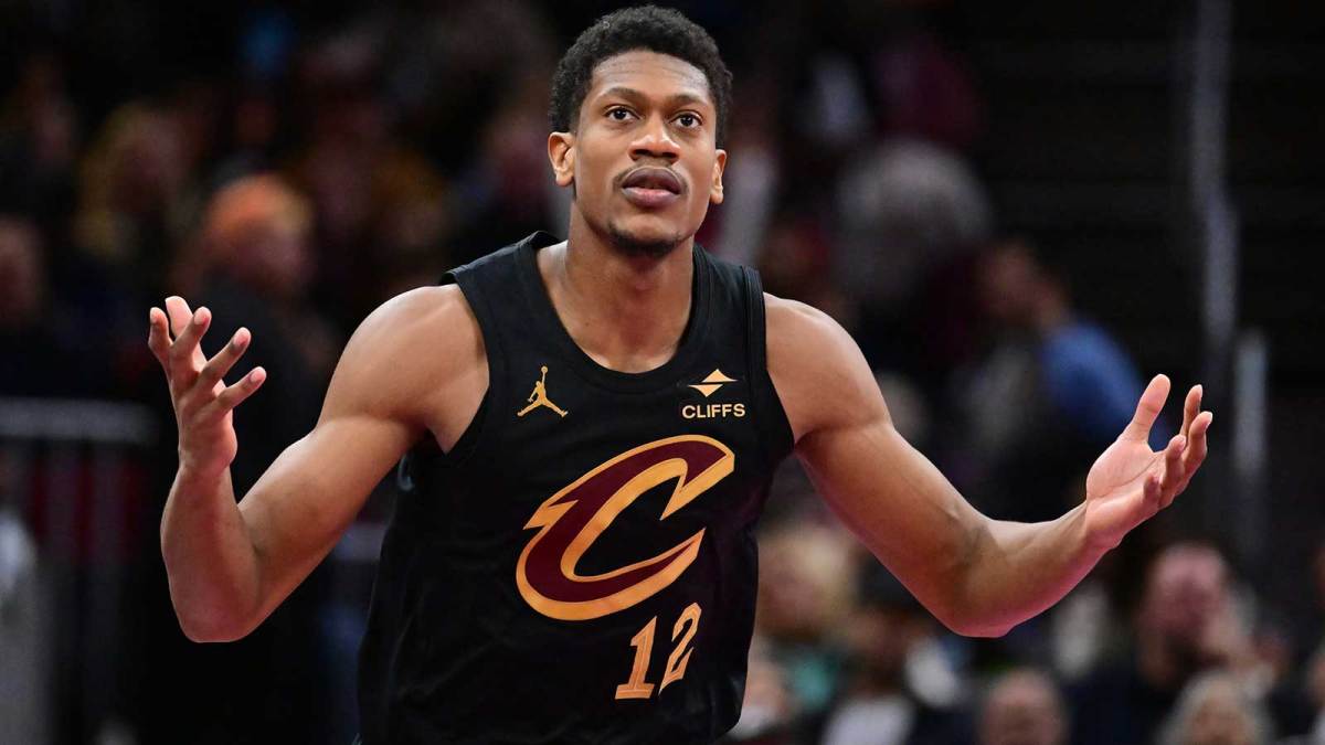 Cleveland Cavaliers forward De'Andre Hunter (12) celebrates after hitting a three point basket against the Indiana Pacers during the second half at Rocket Arena.