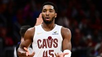 Cleveland Cavaliers guard Donovan Mitchell (45) celebrates after hitting a three point basket against the Los Angeles Clippers during the second half at Rocket Arena.