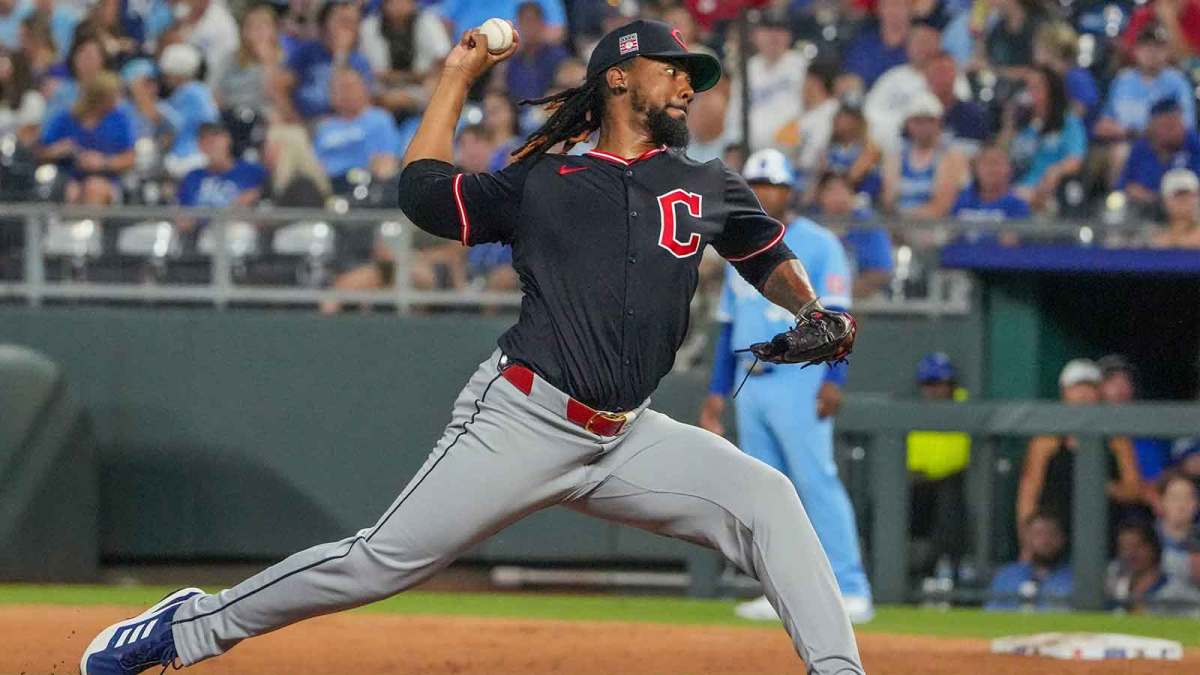 Cleveland Guardians relief pitcher Emmanuel Clase (48) delivers a pitch against the Kansas City Royals in the ninth inning at Kauffman Stadium.