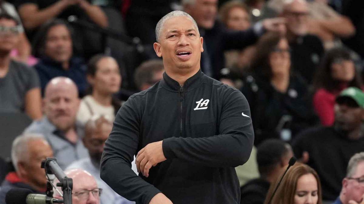LA Clippers head coach Tyronn Lue reacts against the Miami Heat in the second half at Intuit Dome.