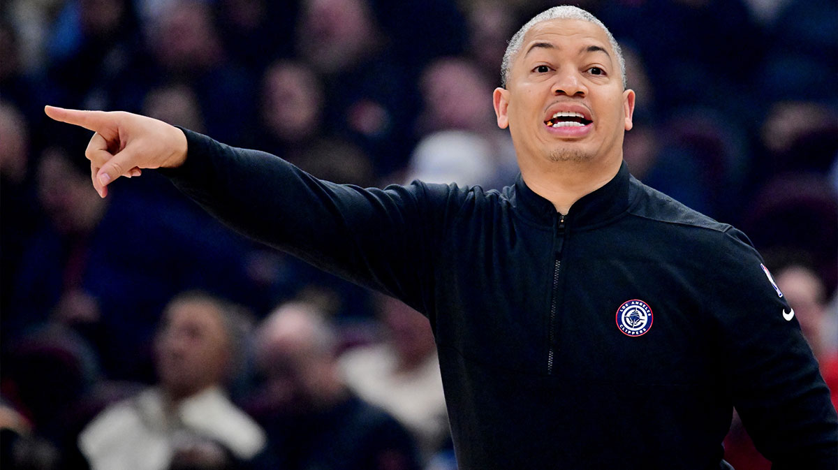 Los Angeles Clippers head coach Tyronn Lue reacts against the Cleveland Cavaliers during the first quarter at Rocket Arena.
